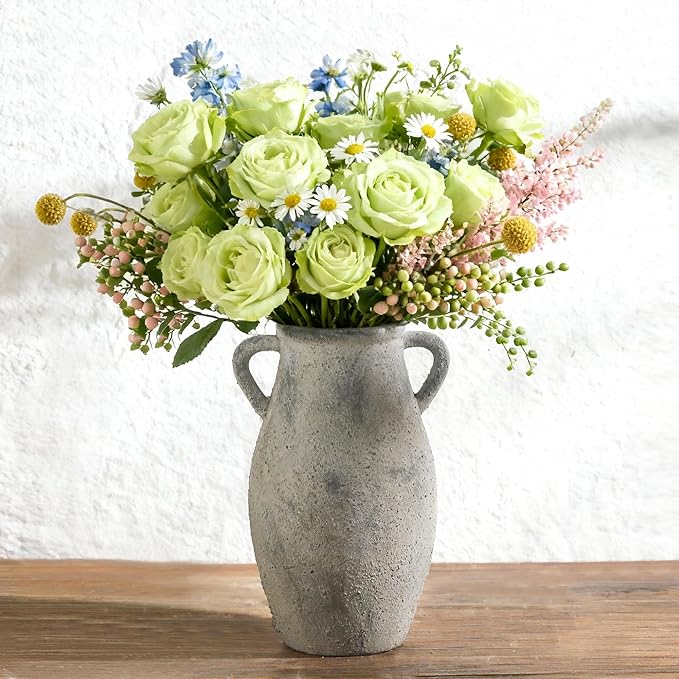 Ceramic Rustic Vase with Handle,11.3 inch Vintage Vase for Home Decor - Tall Farmhouse Flower Vase with 2 Handles, Living Room Entryway Table Centerpiece Decor