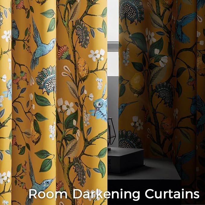 Mustard Yellow Curtains for Living Room Bedroom, Aesthetic Unique Rustic Pinch Pleated Drapes Cottagecore Floral Flower Printed Modern Farmhouse Window Treatment 63 Inch Length 2 Panels