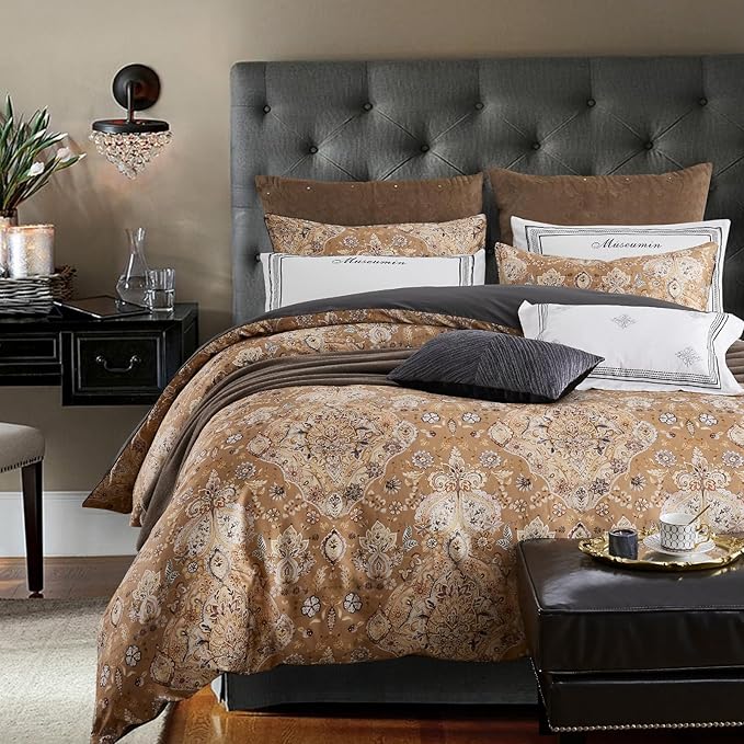 mixinni Long Staple Cotton Percale Golden Paisley Duvet Cover Queen Size Boho Floral Pattern 3 Pieces Soft Aesthetic Bedding Set for Him and Her, 1 Duvet Cover and 2 Pillowcases for All Seasons