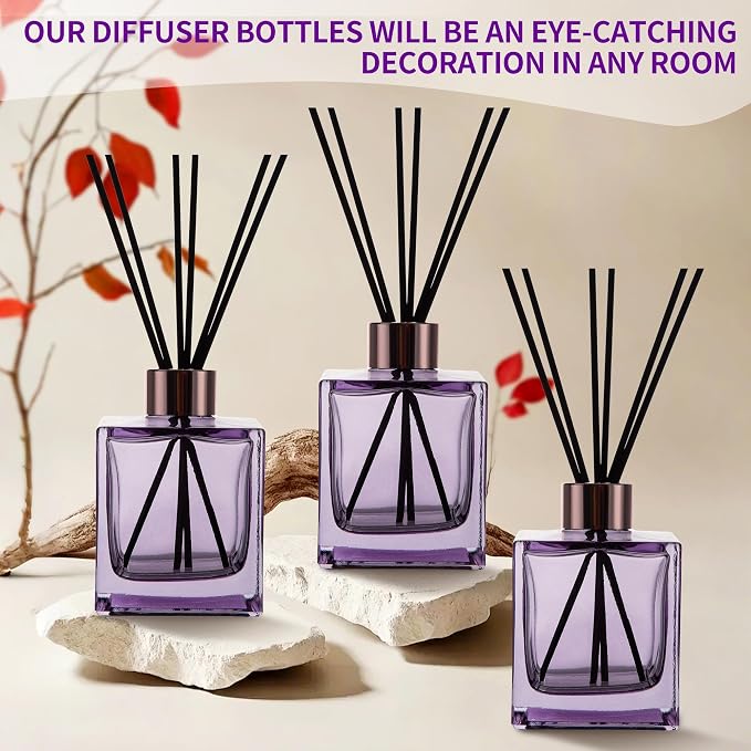 6 Pack Perfume Reed Diffuser Bottle,Empty Square Essential Oil Bottles Glass Jar with Black Sticks for DIY Fragrance Replacement Diffuser Sets (200ml/6.8 oz, Purple Color)