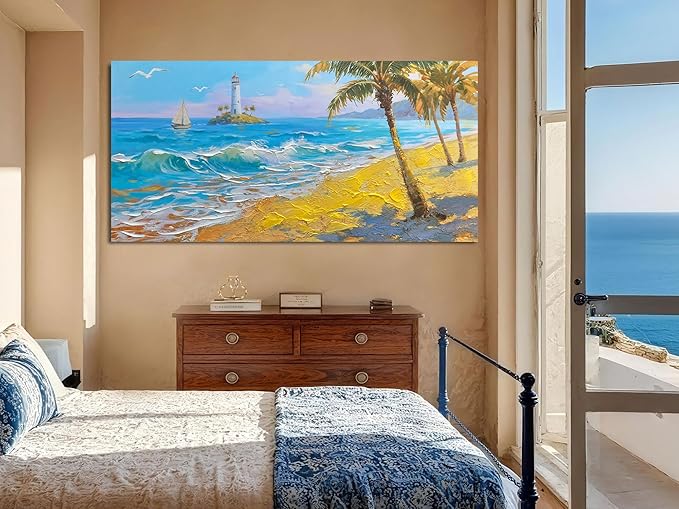 Brushart Beach Canvas Wall Art for Living Room Large, Coastal Bedroom Picture, Painting Wall Decor Ocean Textured Artwork for Walls Home Office 48"x24"