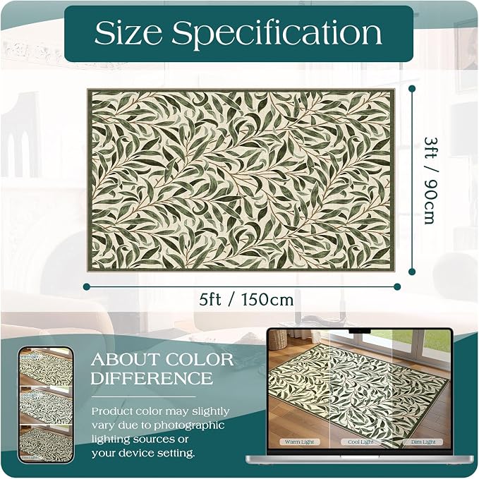 3x5 Boho Entry Rug - Small Washable Indoor Outdoor Mats for Front Door Non-Slip Porch Rug Sage Green Botaniacal Leaf Throw Rugs for Living Room Bedroom Entryway Kitchen Office Porch Decor