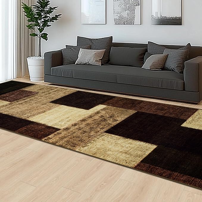 Modern Geometric Patchwork Indoor Runner Rug for Living Room, Warm Taupe 2.7'x 10' Rug Rockwood Collection Hardwood Floors Decor for Bedroom, Taupe Throw Carpet for Office Entryway Dining Room