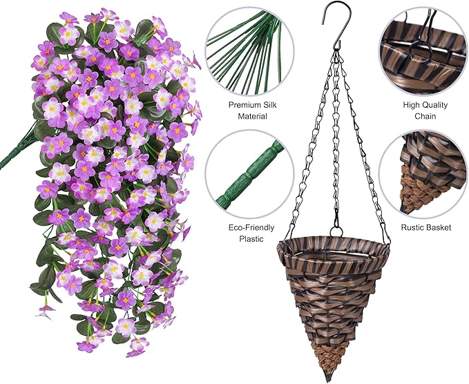 HyeFlora Artificial Fake Hanging Flowers with Basket for Outdoor Decoration,UV Resistant Faux Silk Daisy Flowers Light Fuchsia Orchid Vines in Planter Realistic Hanging Baskets for Home Porch Garden