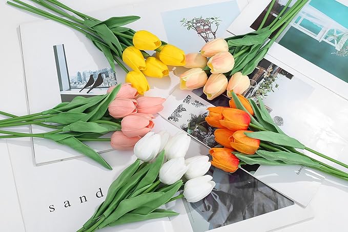 20pcs 14" Tulips Artificial Flowers for Real Touch Fake Tulips Slik Faux Flowers for Summer Wedding Bouquet Spring Easter Mother's Day Decor (5 Color)