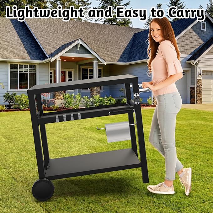 BBQCuker 29.5''x19.6'' Outdoor Grill Cart, Pizza Oven Table Stand, 3-Shelves Food Prep Table for Ninja Woodfire, Ooni Pizza Oven, 17'' & 22'' Blackstone Griddle, Grill Stand for Picnic, Camping
