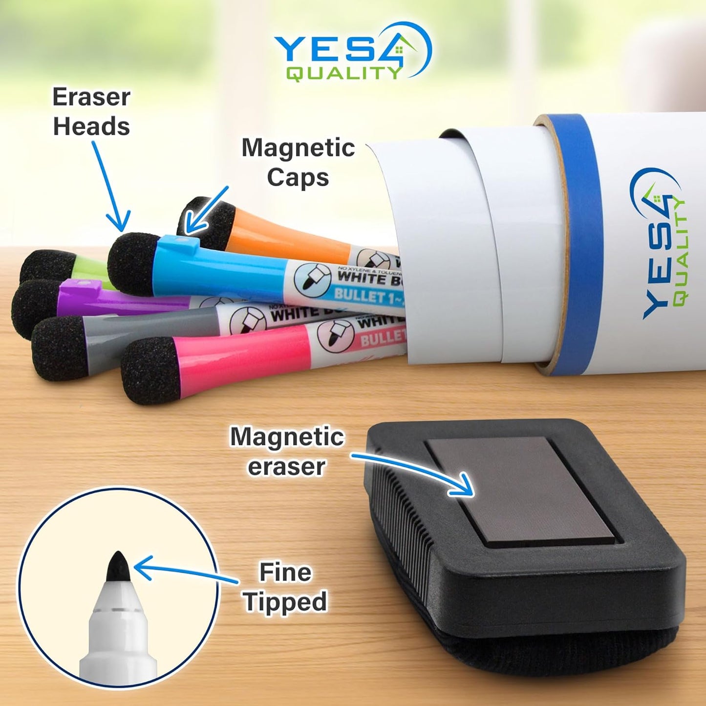 YES4QUALITY Magnetic Dry Erase Whiteboard Sheet - Stain Resistant 12x8 in | Includes 3 Markers & Big Eraser