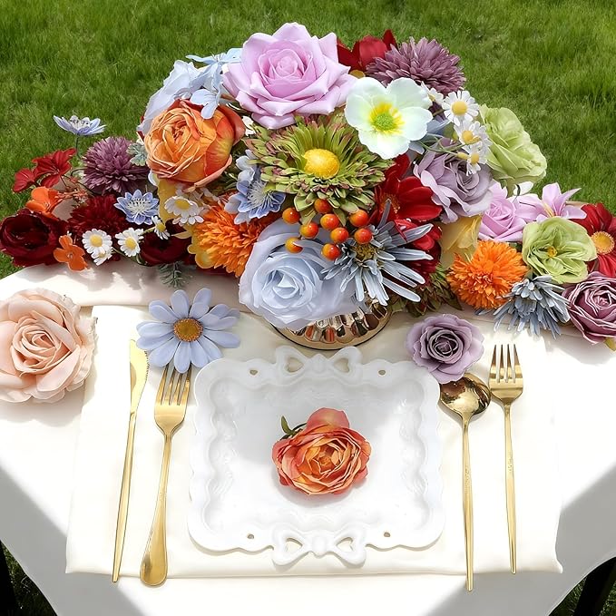 SwanMoon Artificial Flowers Combo Box Set, 38pcs Silk Roses, Daisy & Hydrangea with Stems for DIY Wedding Bouquets, Bridal Shower Centerpieces, Party & Home Decor