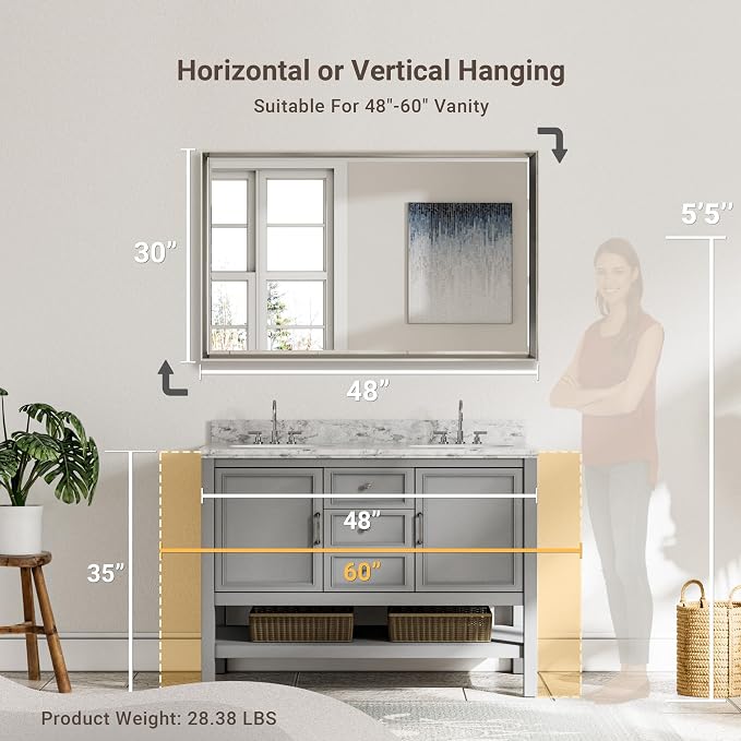 48'' x 30'' Brushed Nickel Framed Beveled Bathroom Mirror, Shatterproof Rectangle Brushed Nickel Frame Mirror, Anti-Rust Vertical/Horizontal Wall-Mounted Mirrors