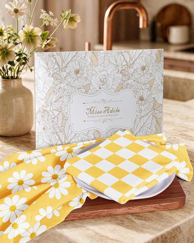 Miss Adola 2 Pack Flour Sack Kitchen Towels - 16x26 Inch Cotton Dish Towels with Hanging Loop Reusable Geometric Modern Retro Tea Towel Absorbent Dishcloths Home Decor, Yellow Daisy