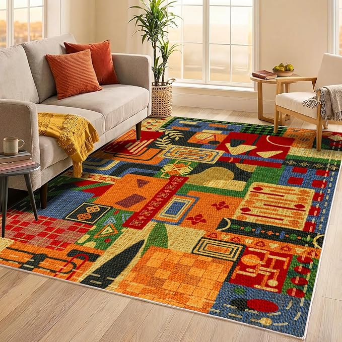 Washable 4x6 Vintage Patchwork Area Rug, Boho Tribal Geometric Colorful Rugs for Living Room, Non-Slip Low Pile Indoor Carpet, Vintage Rustic Rug for Dining Room Bedroom Office Entryway Decor