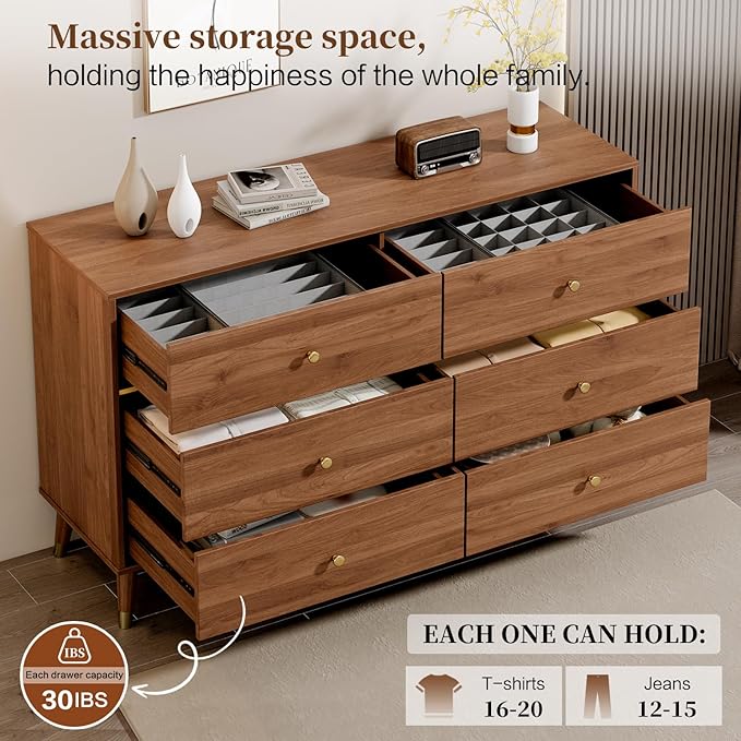6 Drawer Dresser,47" Wide Mid Century Chest of Drawers,Wooden Bedroom Drawer Dresser with 6 Storage Drawers for Bedroom,Living Room,with Anti-Tipping Device,Walnut.HT