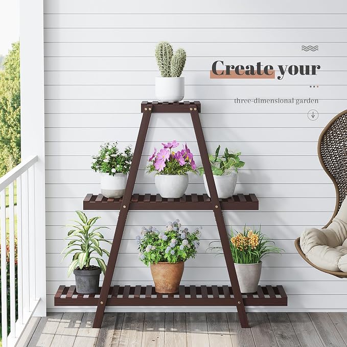 STDDRE Plant Stand For Indoor Outdoor Tiered Plant Shelf 3 Tier 8 Potted Bamboo Flower Holder Ladder Rack For Multiple Triangle Table Plant Pot Stand (Brown)