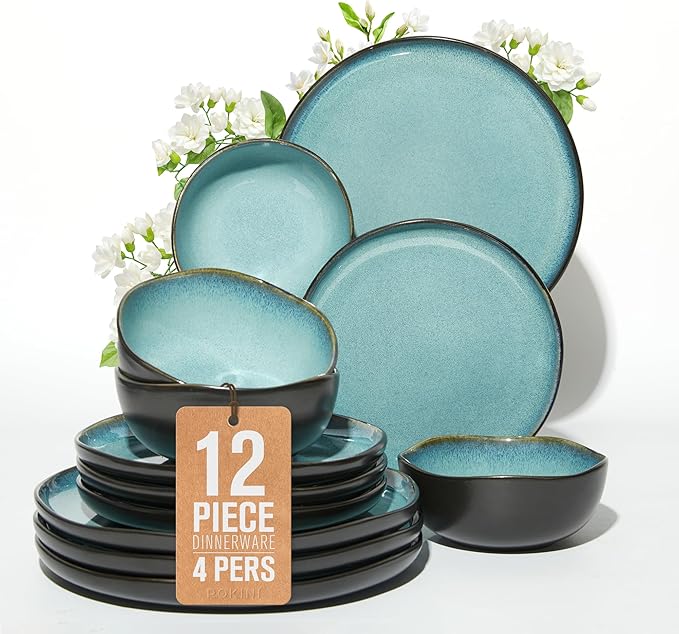 Pokini Stoneware Dinnerware Sets, Kitchen Plates and Bowls Set, Ceramic Dish Set for 4, Modern Chip & Scratch Resistant Dishware Sets, Durable Reactive Glaze Dinner Set, Green Black