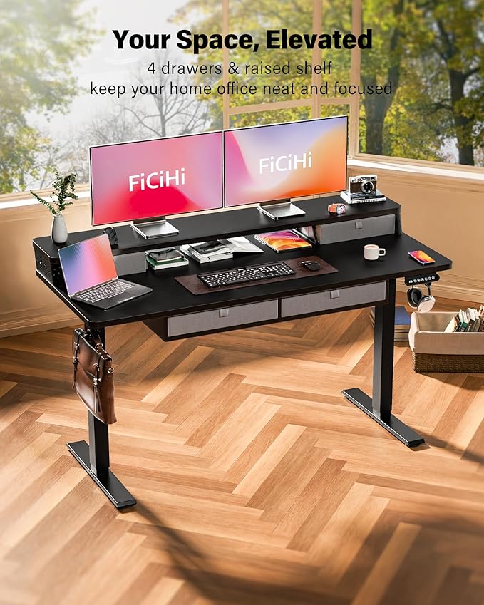 FiCiHi Adjustable Height Standing Desk with 4 Drawers,55 x 24 inches Electric Sit Stand Home Office Desk with Two Tiers, 3 Memory Presets, Monitor Stand Riser, C-Clamp Mount Compatible