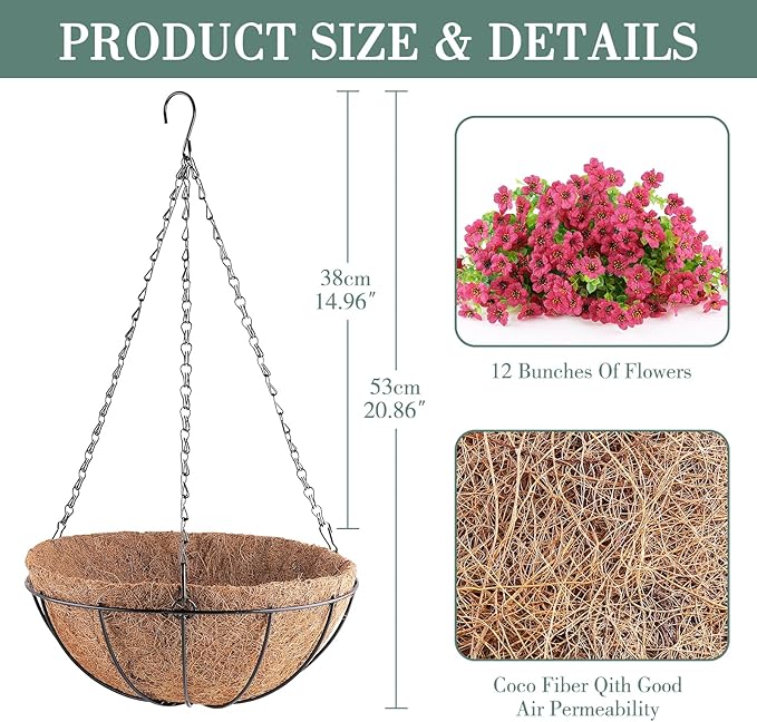Artificial Flowers Hanging Plants in Basket,Artificial Hanging Flowers for Outdoor Indoor Decor,UV Resistant Hanging Baskets with Fake Flowers for Patio Garden Porch Deck Decoration