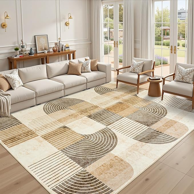 Area Rugs for Bedroom Living Room 4x6 - Soft Beige Mid Century Modern Rug, Washable Non-Slip Indoor Floor Mat Abstract Neutral Carpet for Dining Room Nursery Office Home