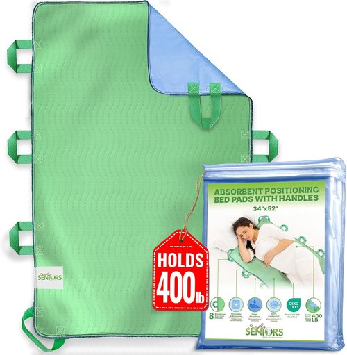 Skiennix Absorbent Bed Pads for Elderly - Washable Waterproof Incontinence Sheets 34"x52" | 8 Handles for Easy Mobility