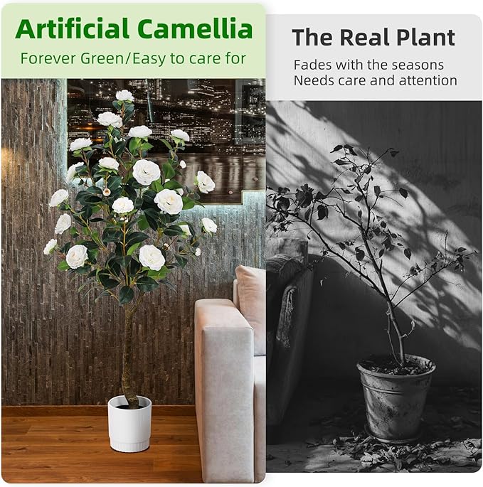 Artificial Camellia Tree 6FT – Nearly Natural Faux Plants Indoor, with Easy Assembly, Low Maintenance, Ideal for Both Indoor Decoration and Other Purposes，Perfect Porch Christmas Trees (White 6ft)