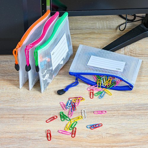 AUSTARK Plastic Mesh Zipper Pouch - 12 Waterproof File Bags with Label Pocket | A6 Size 6.3x4.7 in