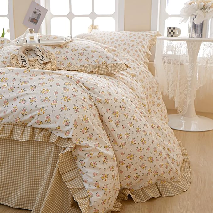 Girls Ruffle Duvet Cover Twin Chic Floral Lace Duvet Cover 100% Cotton Flower Bedding Set Romantic Ruffle Comforter Cover Girls Princess Bedding Set Vintage Floral Botanical Comforter Cover Twin