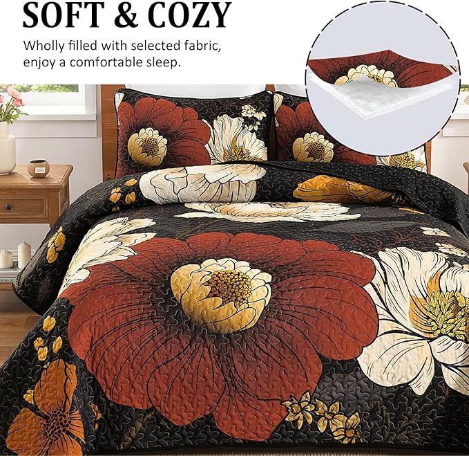 Dintszyayue Black Quilt Set King, 3 Pieces Red Floral Bedspreads Lightweight Coverlet Set for All Seasons, Reversible Quilted Printed Bedding Set with 2 Pillow Shams
