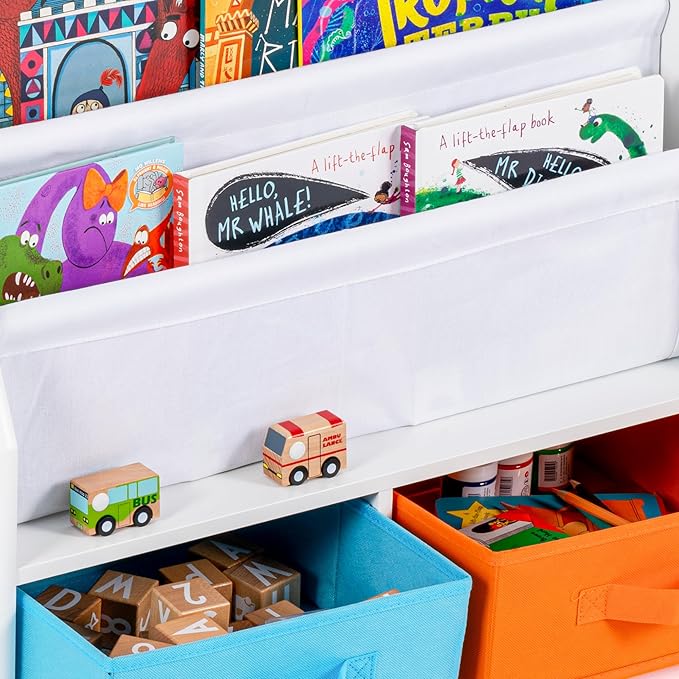 UTEX Kids Bookshelf with Storage Bins, Book Shelf for Kids Rooms, 4-Tier Toddler Sling Bookshelf for Nursery, Living Room, Bedroom, White