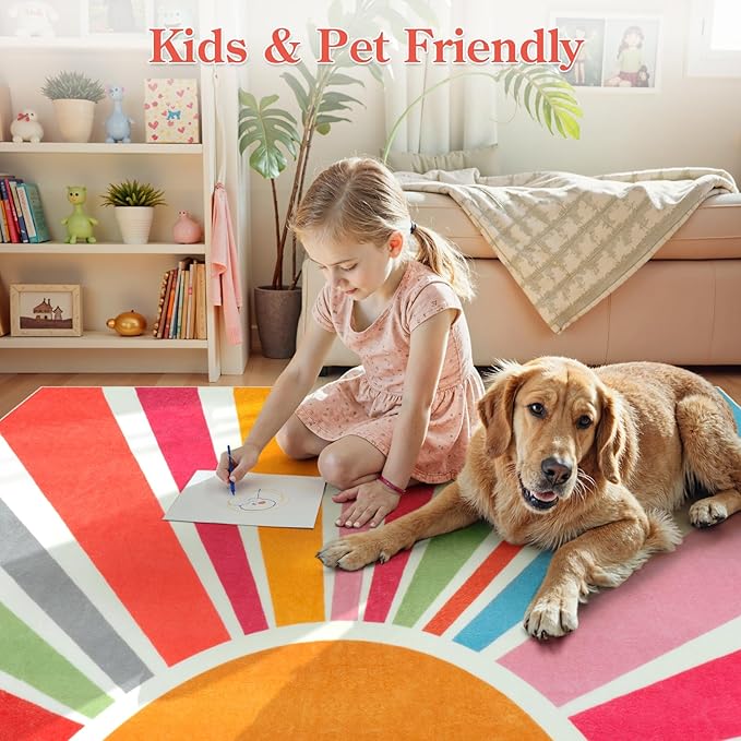 STARUIA Boho Machine Washable 6x9 Area Rugs for Living Room, Soft Non-Slip Large Sun Rainbow Nursery Kids Rug for Bedroom, Colorful Throw Rug Carpet for Classroom Office Dining Room(Color,6'x9')