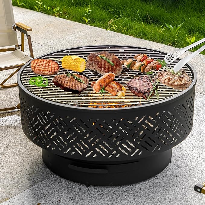 OutVue 32" Wood Burning Fire Pits with Grill & Lid, Fire Pit Table for Outside with Waterproof Cover & Fire Poker, Outdoor Firepit with Functions for BBQ,Table and Bonfire