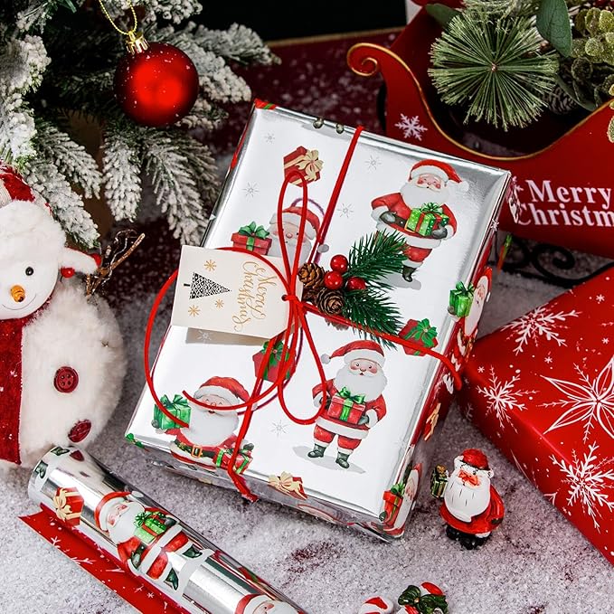 MAYPLUSS Christmas Wrapping Paper Roll - 17IN X 33FT - Gift Wrapping Paper Featuring Santa Claus Snowflake Against Red for Kids, Holiday, New Year