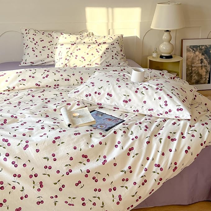 AOJIM Cherry Pattern Duvet Cover Set, 100% Cotton Cute Bedding Comforter Cover with Fruit Motifs, Aesthetic Quilt Cover Set 3pcs, 1 Queen Size Comforter Cover and 2 Matching Pillowcases, No Comforter