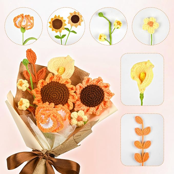 Crochet Flower Bouquet Crochet Flowers Gift for Her Wife Women for Graduation Birthday Wedding Anniversary Handmade Crochet Bouquet with Sunflower Lily of the Valley Calla Lily Carnation (Vintage)