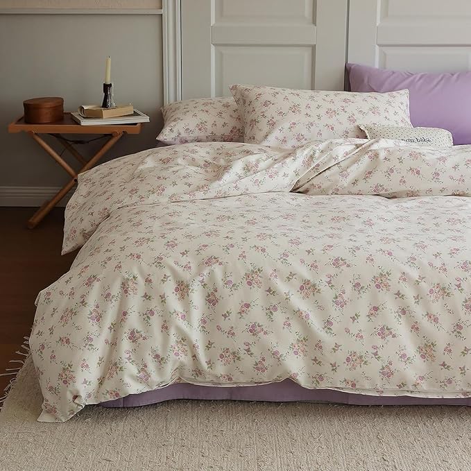 Vintage Floral Comforter Set King 3 Pieces Boho Floral Bedding Comforter Fluffy Soft Botanical Flowers Comforter with 2 Pillowcases Cottagecore Bedding Set Pink Purple Flowers King Comforter Set