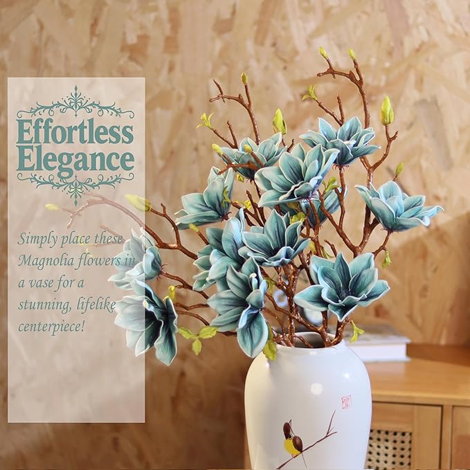 3pcs Artificial Magnolia Flower Branches, 31 Inch Long Stem Faux Floral, Premium Faux Bloom for Home Decor, Centerpieces, and Wedding Arrangements, Blue