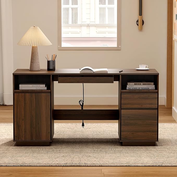59" Office Desk, Farmhouse Wide Home Executive Desk with File Drawer & Open Storage & Power Outlet, Wooden Computer Desk for Study Writing, Brown