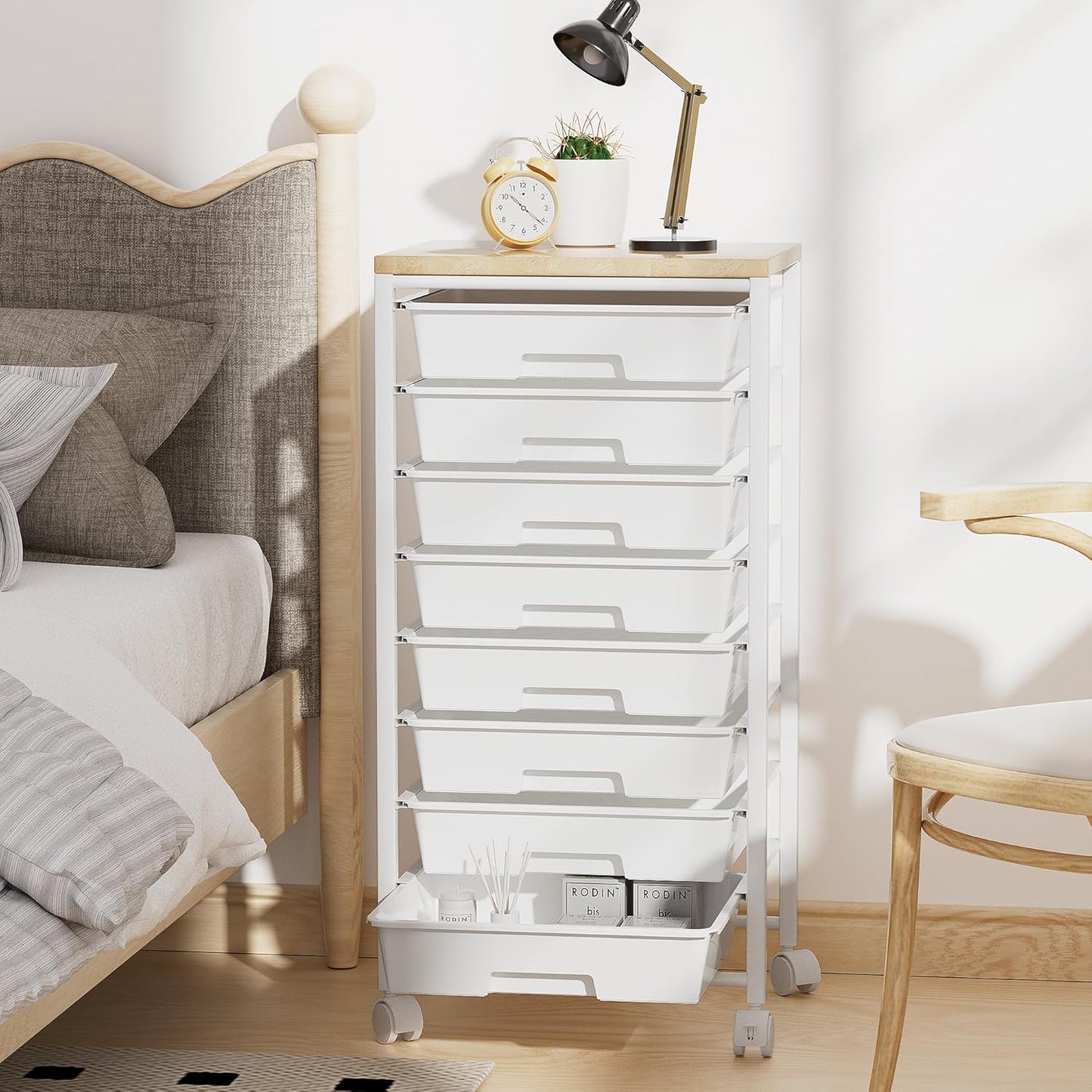 Skiennix Rolling Cart - 8 Drawer Storage Solution with Wooden Tabletop & Lockable Wheels | Versatile for Home & Office