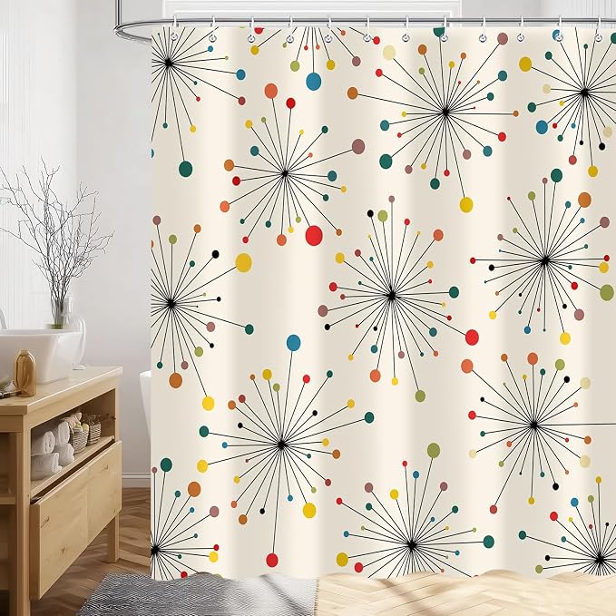Mid Century Modern Shower Curtain, Vintage Geometric Atomic Abstract Retro Style Beige Boho Art Aesthetic Design Bath Curtains for Bathroom Decor with Hooks, 72"x72" Inch
