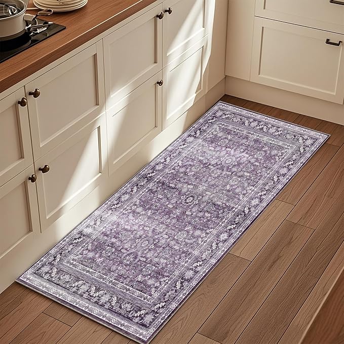 OPPODREAM Vintage Purple 2x6 Runner Rug, 2 x 6 Retro Washable Rug Non Slip, Low-Pile Faux Wool Carpet, Distressed Floor Mat for Kitchen, Hallway, Entry-Way, Entrance, Indoor Back Door