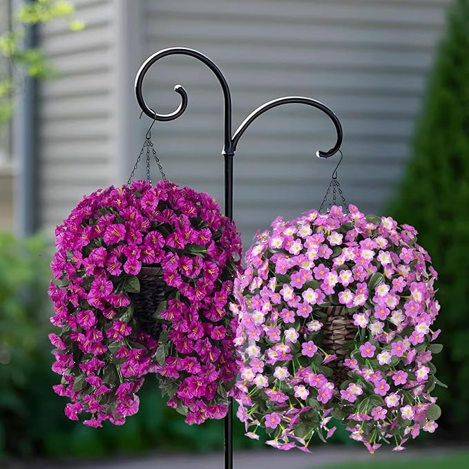 Artificial Faux Fall Hanging Mums Flowers Plants Baskets for Outdoor Outside, Fake Silk Light Fuchsia Daisy Orchid Trailing Vines in Planter Realistic UV Resistant for Balcony Porch Decor