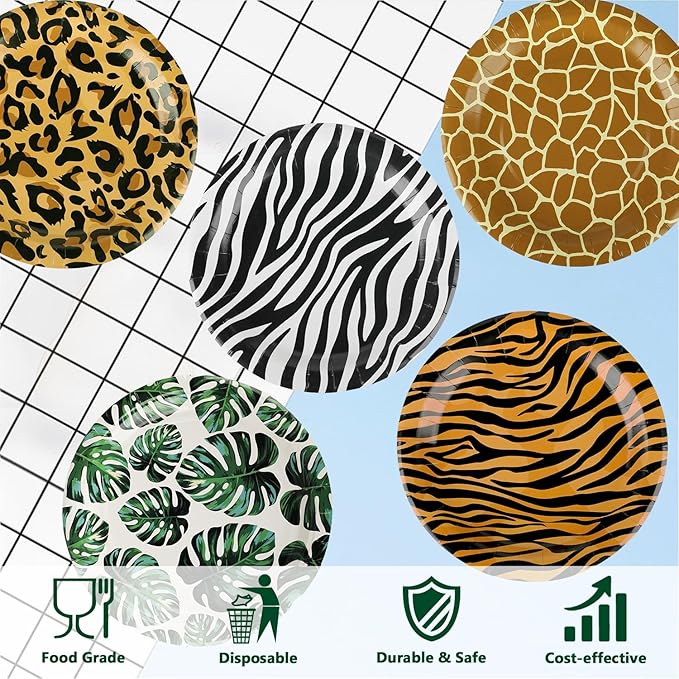 50 PCS Jungle Safari Party Tableware Supplies, Disposable Animal Print 7 Inch Paper Plates, Zebra Giraffe patterns Plates for Jungle Zoo Animal Themed Birthday Party Christmas Decor, Serves 50 Guests
