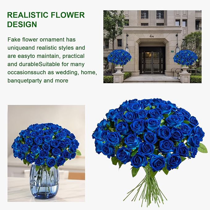 Fake Plants Roses Flowers Plastic Flowers Spring Decorations for Home Gifts for Gf Roses Artificial Flowers for Vase Fake Flowers Home Decor Fake Plant 19.6"(50PCS Blue)