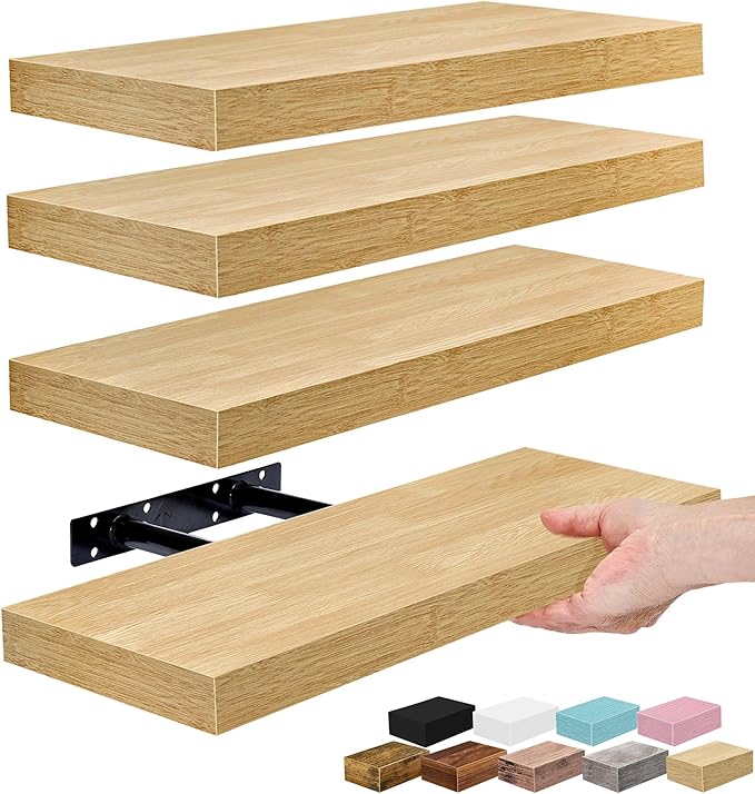 Sorbus Floating Shelves for Wall – 16 Inch Floating Shelf for Kitchen, Bedroom, Living Room, Bathroom, Home & Wall Decor - Mounted Bathroom Shelves with Invisible Brackets (Maple Wood, 4 Pack)
