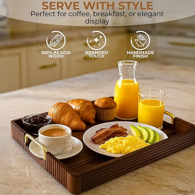Acacia Wood Serving Tray with Metal Handles, 17x13in, Decorative Coffee Table Tray & Ottoman Tray, Anti-Slip Pads, Dark Wood Tray for Breakfast in Bed, Bar Tray, Gift Box