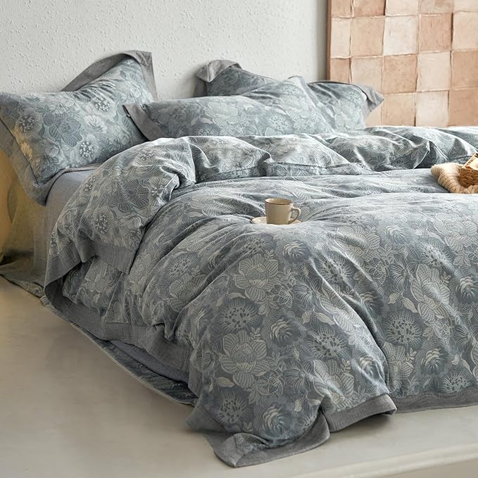 Vintage Grey Duvet Cover Queen 3 Pieces Exquisite Jacquard Flower Bedding Set Queen Yarn-Dyed Cotton Linen Duvet Cover Chic Flower Botanical Comforter Cover Farmhouse Bedding Set Breathable Soft