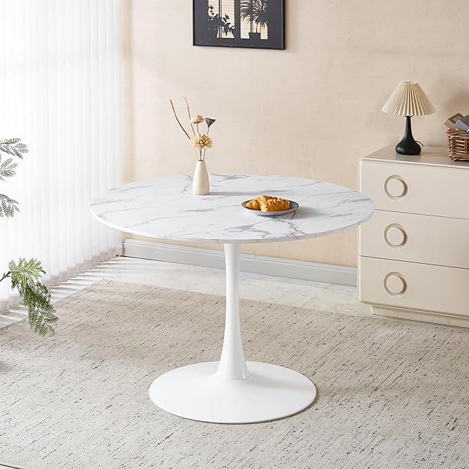 42" Tulip Table for 4-6 Persons Modern Round Dining Table, Mid-Century Modern White Marble Small Kitchen Table with MDF Wooden Top, Leisure Coffee Table for Living Room, Dining Room, Office
