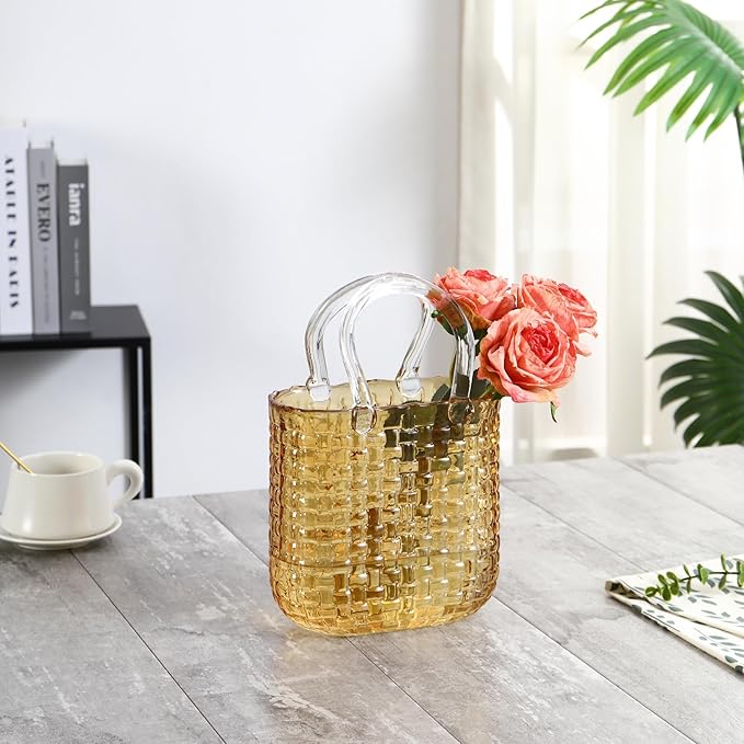 Glass Purse Vasefor Flowers, Purse Flower Vase, Amber Glass Bag Vases, 10 Inch Handbag Shaped Vases for Home, Living Room, Bedroom, Office Decor
