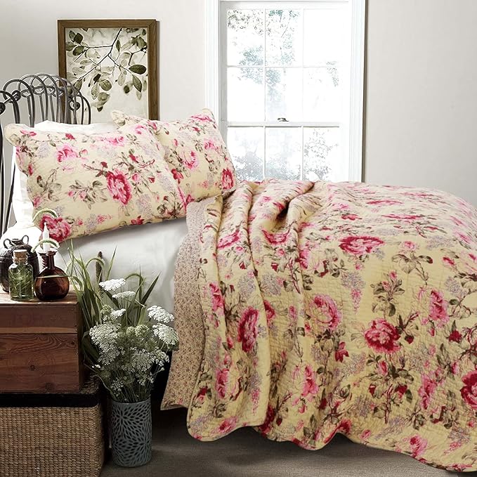 Cozy Line Home Fashions Lelia Pink Rose Blooming Floral Vintage Yellow 100% Cotton Reversible Quilt Bedding Set, Coverlet Bedspread (Rose Vivid, King - 3 Piece)