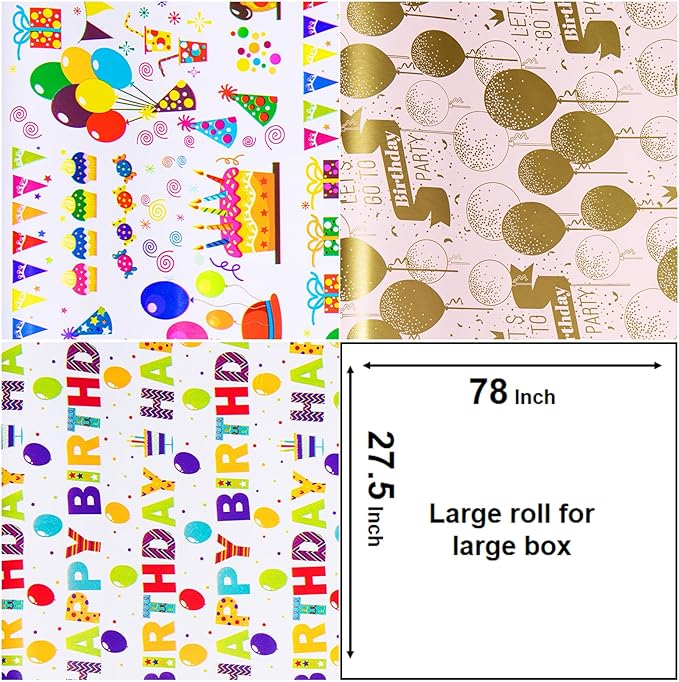 Linnoptimix Birthday Wrapping Paper Rolls -3 LARGE ROLL-27inch*78 inch per roll Colorful Foil wrapping paper (Birthday 3 White/Colorful （014）) Christmas