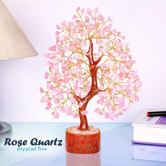 Rose Quartz Feng Shui Crystal Tree - Pink Spiritual Decor - Gemstone Bonsai Tree - Positive Energy Pink Desk Accessory