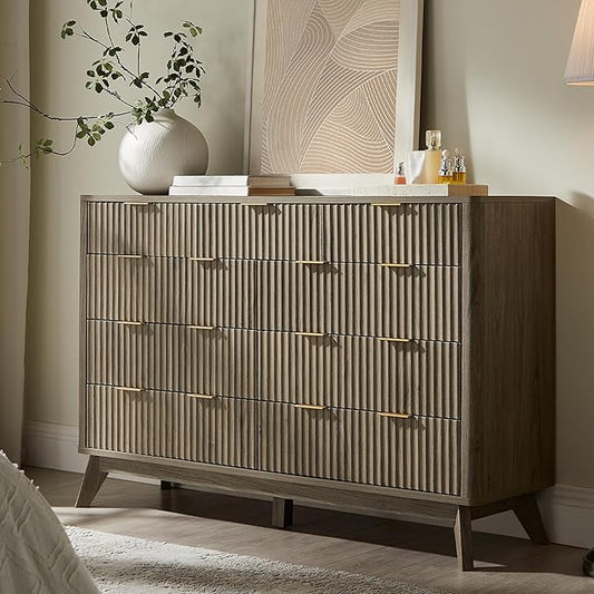 T4TREAM Fluted 9 Drawer Dresser, Modern Chest of Drawers, Curved Profile Design, Dresser TV Stand, Wood Drawer Organizer for Bedroom, Living Room, Hallway, Grey Alder